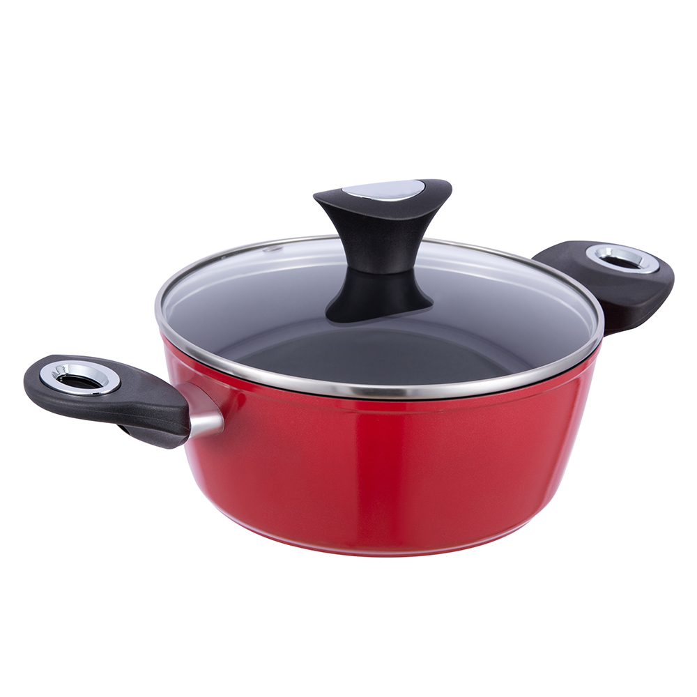 20*8,5 cm sort/rød non-stick aluminium lagergryte med glasslokk JY-RF29-1-2085